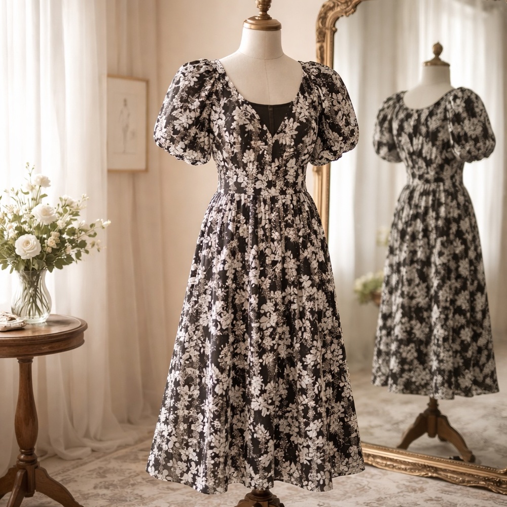 Black and white flower and embroidery dress